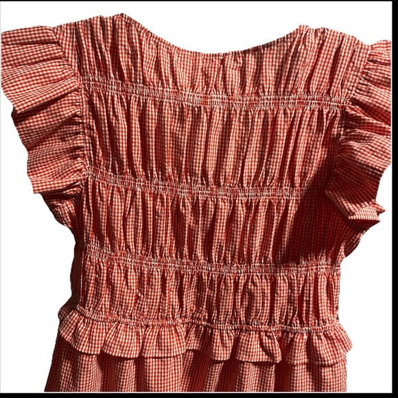 PEach LoveCalifornia Gingham smocked bodice flutters slave tiered midi dress J-2 - Picture 4 of 8
